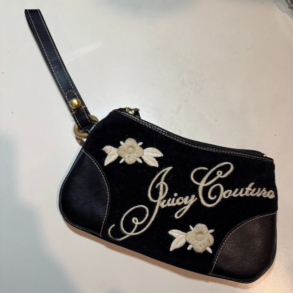 Rare Vintage Juicy Couture Black Label Black Velour Flowered Wristlet Clutch